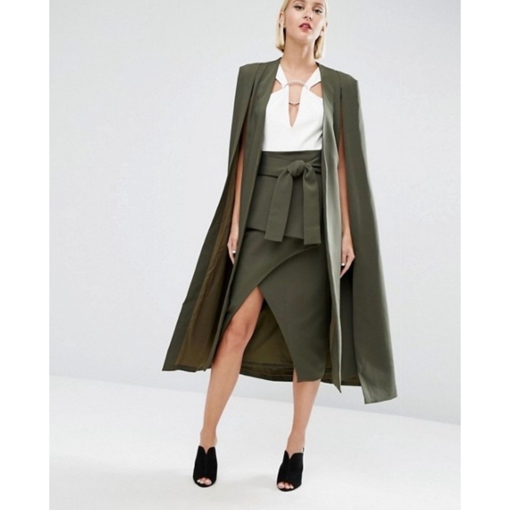 Lavish Alice Olive Green Blazer Cape Longline Open Front Jacket Size M NWT